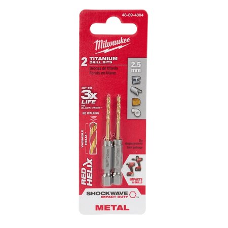 2 Pcs  Milwaukee 48-89-4804 Metric Shockwave Titanium Red Helix 2.5 Mm