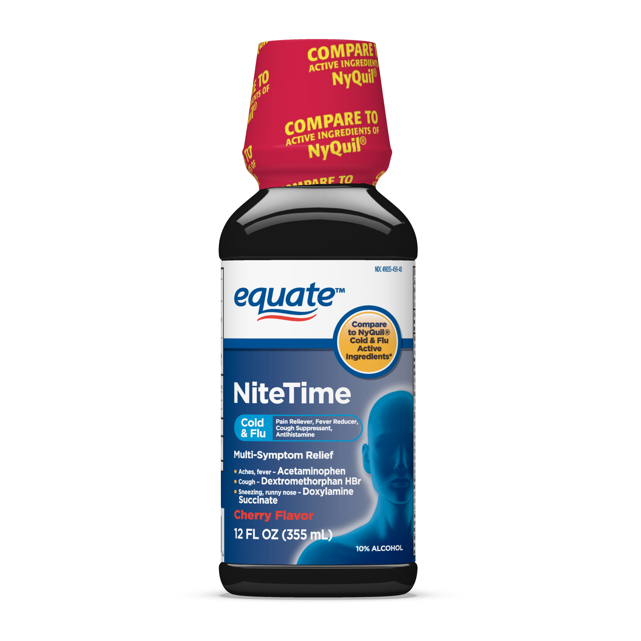 Equate Nighttime Cold and Flu Liquid Medicine  6 Hour Relief  Cherry Flavor  12 Fl Oz