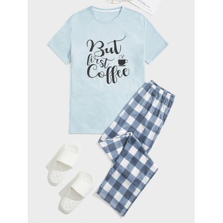 Men Buffalo Plaid Slogan Graphic PJ Set M(38) Blue and White F22018D-6