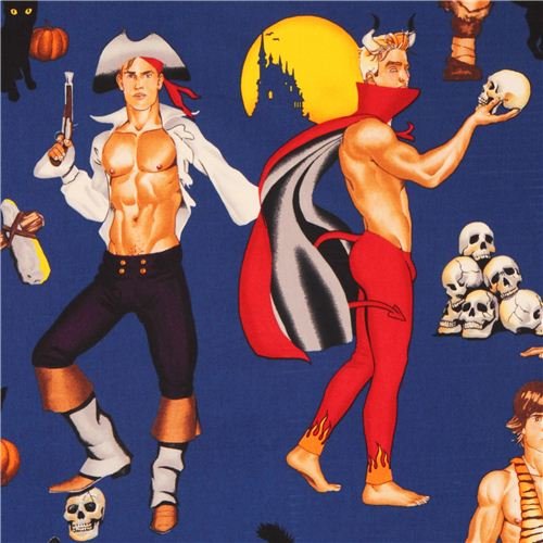 Blue Haunting Hunks Pin up Halloween Fabric Alexander Henry (per 0.5 Yard Multiples) thumbnail