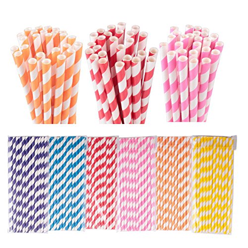 Pack of 100 Lovely Colorful Striped Paper Fruit Juice Milk Drinking Straws Party (Yellow)