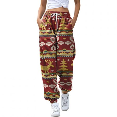 Womens Christmas Print Sweatpants High Waist Sporty Gym Athletic Fit Jogger Trousers Baggy Lounge Pants with Pocket 8835 Christmas Ladies Straight Pri
