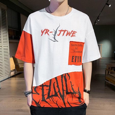 Aayomet Mens Graphic T-Shirts Splice Sleeve Colorblock Tops Casual Letter Short T-Shirt Fashion Mens Solid Dress White L