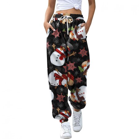 Womens Christmas Print Sweatpants High Waist Sporty Gym Athletic Fit Jogger Trousers Baggy Lounge Pants with Pocket 8835 Christmas Ladies Straight Pri