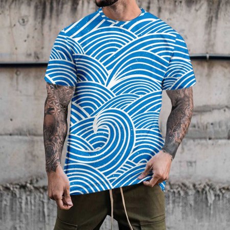 Aayomet Mens Graphic T-Shirts Male Summer Sea Wave Print T Shirt Blouse Round Neck Short White Long Sleeve Shirt Men Blue L