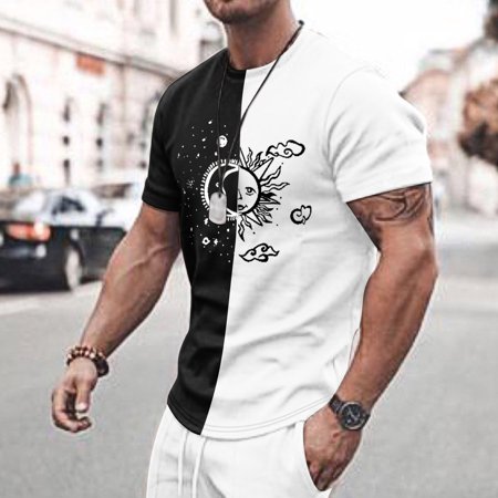 Aayomet T Shirts for Men Graphic Male Summer Casual Sun and Moon Print T Shirt Blouse Round Neck Short Sleeve T Shirt White L