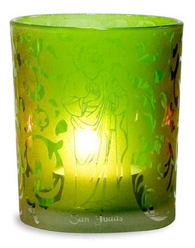Patron Saint Jude Devotional Candle in Green Etched Glass for Home or Church Decor