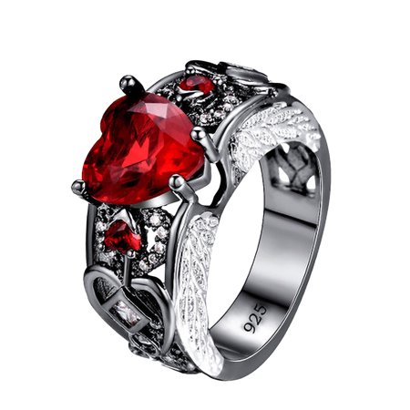 G#6858，Six Styles of Opel Inlaid Peach Heart Black Angel Feather Copper Alloy Ring，O*6858 EU6