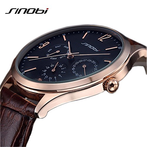 SINOBI Man Wristwatch Leather Strap, Ultra Slim Sub-Dials Date/Week/Hour Waterproof Quartz Business Watch