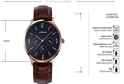 SINOBI Man Wristwatch Leather Strap, Ultra Slim Sub-Dials Date/Week/Hour Waterproof Quartz Business Watch thumbnail
