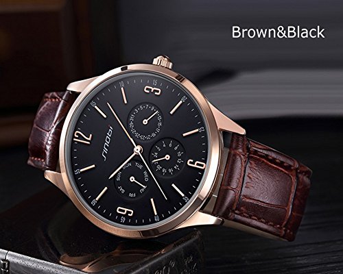 SINOBI Man Wristwatch Leather Strap, Ultra Slim Sub-Dials Date/Week/Hour Waterproof Quartz Business Watch thumbnail