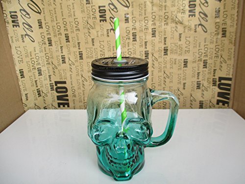 Biutee Novelty Heavy Base Glass Skull Face Drinking Mug Cup with Glass Handles, 18 Ounce, Limited Edition Glassware, 1 Beer Juice Water Drinking Glass
