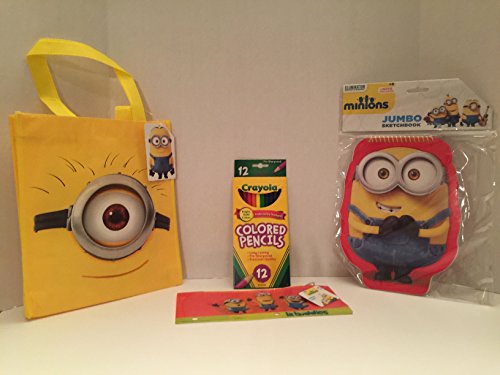 Minions Bundle - 4 Piece Including Despicable Me Reusable Bag, 12 Crayola Color Pencils, Minions Pencil Holder Bag, Minions Notebook/ Scratch Pad - Ex