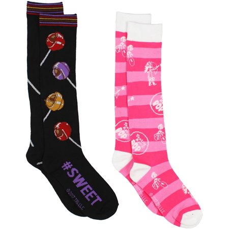 Charms Candy Tootsie Roll Pop Womens 2 Pack Knee High Socks (Shoe: 4-10 (Sock: 9-11)  Pink/Black Tootsie Pop)