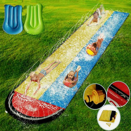 Terra Cool Inflatable Slip and Water Slide with Crash Body Board and Water Spraying Side Rails  Summer Water Toys with Double Lane Racing Path for Kid