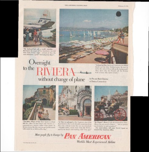 Pan American Overnight to the Riviera Travel 1953 Vintage Antique Advertisement