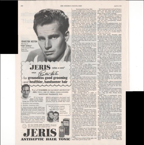 Jeris Antiseptic Hair Tonic Charlton Heston Actor 1953 Vintage Advertisement