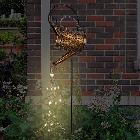ALYLY Solar Watering Can Lights Hanging Kettle Lantern Light Hollowed-Out Design Waterproof LED Decorative Retro Metal Solar Lights for Home Path Pati
