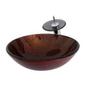 Faucetland 010002702 Victory Round Tempered Glass Vessel Sink with Waterfall Faucet ,Pop - up Drain and Mounting Ring