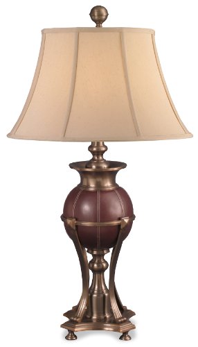 Lighting Enterprises T-6781/1405 Antique Solid Brass with Merlot Leather Accents Table Lamp with Beige Shantung Fabric Sewn Shade
