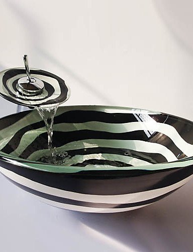Black and White Spiral Round Tempered Glass Vessel Sink with Waterfall Faucet Pop - up Drain and Mounting Ring