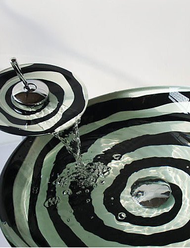 Black and White Spiral Round Tempered Glass Vessel Sink with Waterfall Faucet Pop - up Drain and Mounting Ring thumbnail