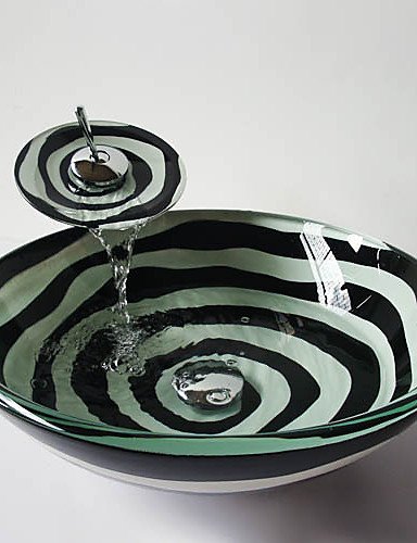 Black and White Spiral Round Tempered Glass Vessel Sink with Waterfall Faucet Pop - up Drain and Mounting Ring thumbnail