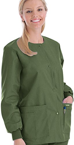 Landau  Women's Scrubs Tops OLIVE - Olive Snap-Front Pocket Scrub Jacket - Women & Plus