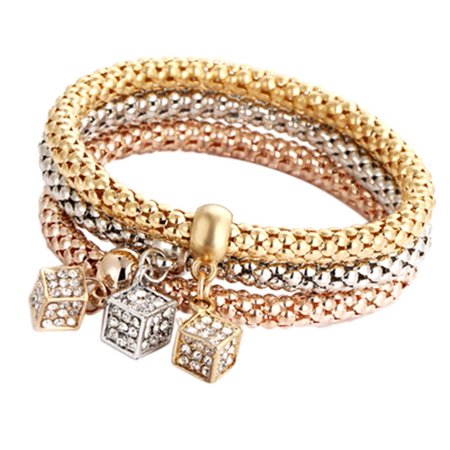 Lj#6229 Multilayer Bracelets - 3Pcs Gold/Silver/Rose Gold Corn Chain Bracelet for Women Heart Shaped Stretch Bracelet T8#6229