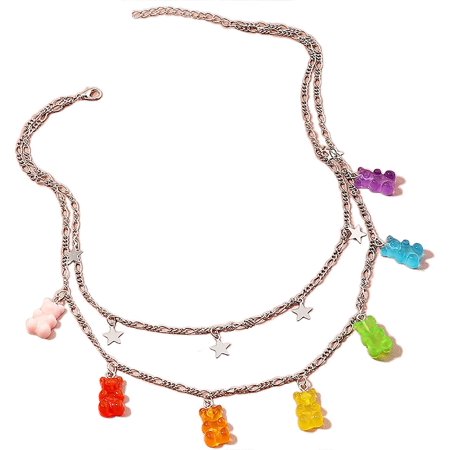 Layered Lock Necklace Punk Gothic Resin Gummy Cartoon Bear Link Chain Pendant Necklace Colorful Rock Hip Hop Transparent Butterfly Dinosaur Animal Cho