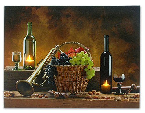 Wine Canvas Print - LED Lighted Candles Inside Wine Bottles - Also Pictured Are Grapes, a Trumpet and a Jazz Horn - 12x16 Inch