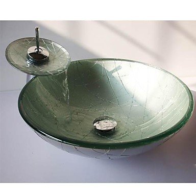 Silver Round Tempered Glass Vessel Sink with Waterfall Faucet ,Pop - up Drain and Mounting Ring