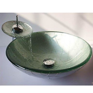 Silver Round Tempered Glass Vessel Sink with Waterfall Faucet ,Pop - up Drain and Mounting Ring thumbnail