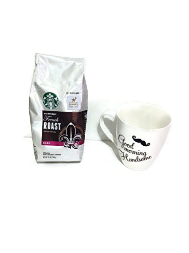 Father's Day Fun Coffee Gifts- Bundle- 3 Items- 1: Starbucks French Roast Ground Coffee 12 Oz, 2: Good Morning Handsome Coffee Mug! 3: Mustache Cookie thumbnail