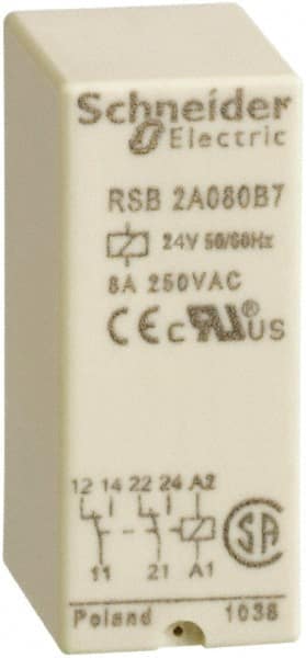 Schneider Electric 2,000 VA Power Rating, Electromechanical Plug-in General Purpose Relay - 8 Amp at 250 VAC & 28 VDC, 2CO, 24 VAC | Part #RSB2A080B7