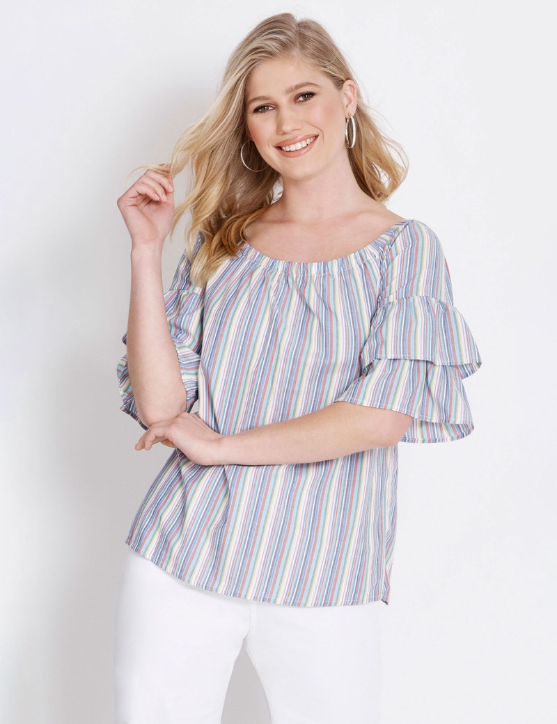Rockmans 3/4 Sleeve Stripe Off Shoulder Blouse