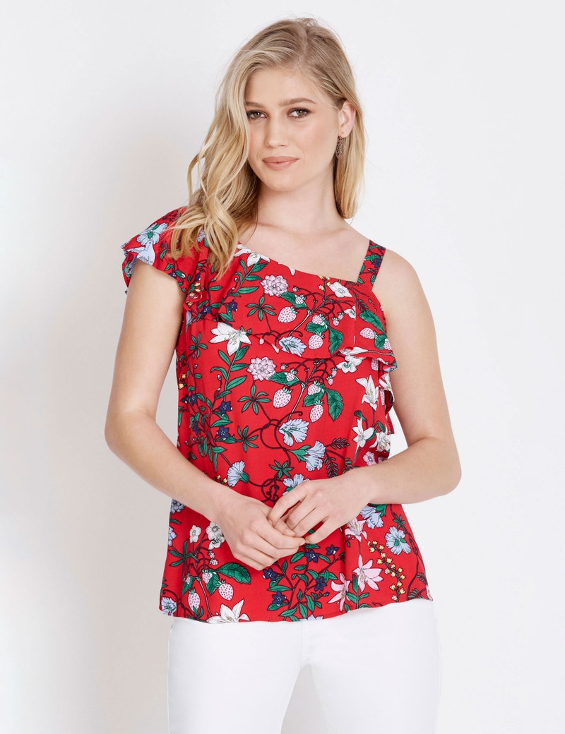 Rockmans Sleeveless One Shoulder Floral Top