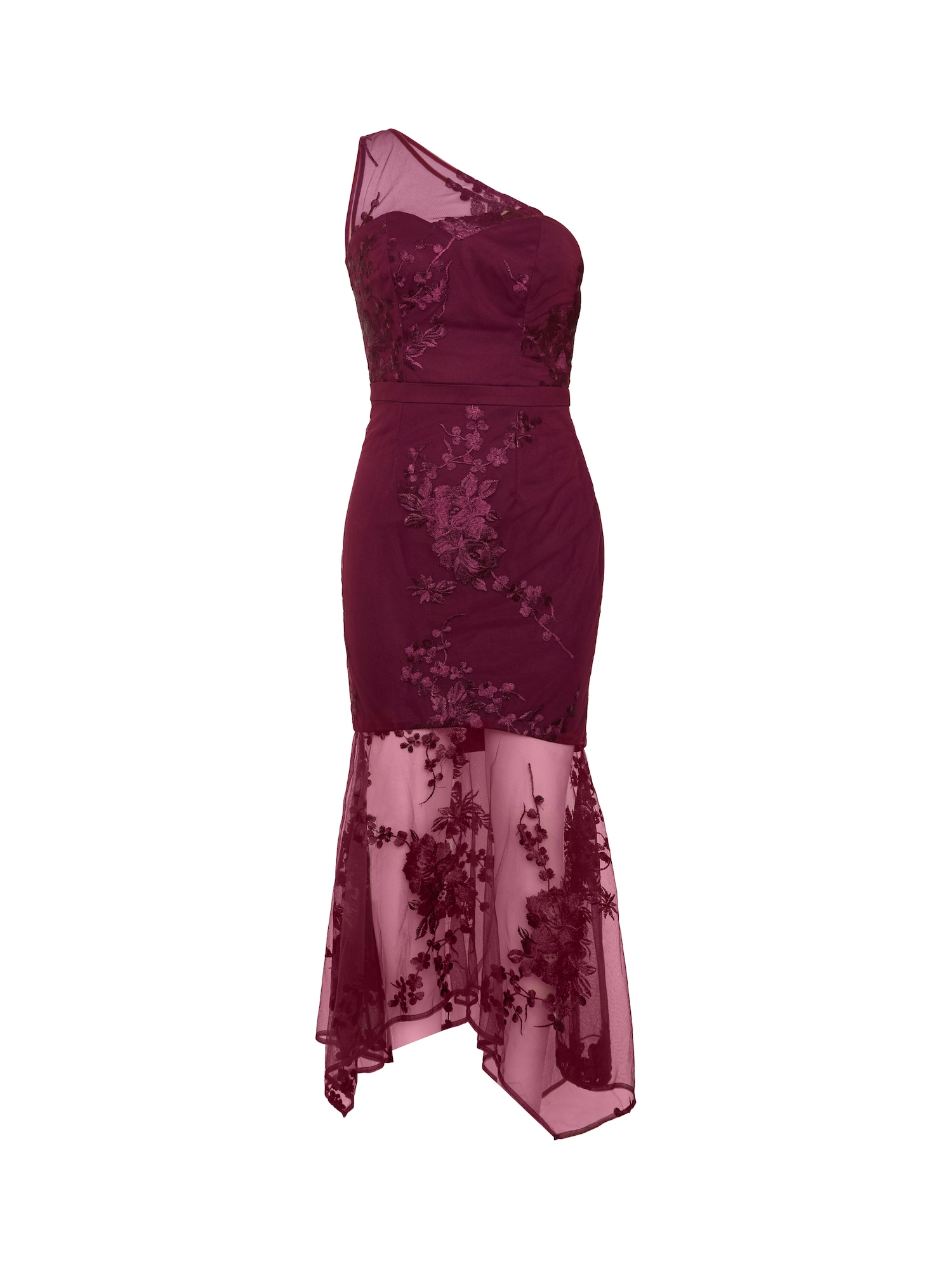 Chi Chi One Shoulder Peplum Floral Embroidered Dress in Plum in Purple, Size 16