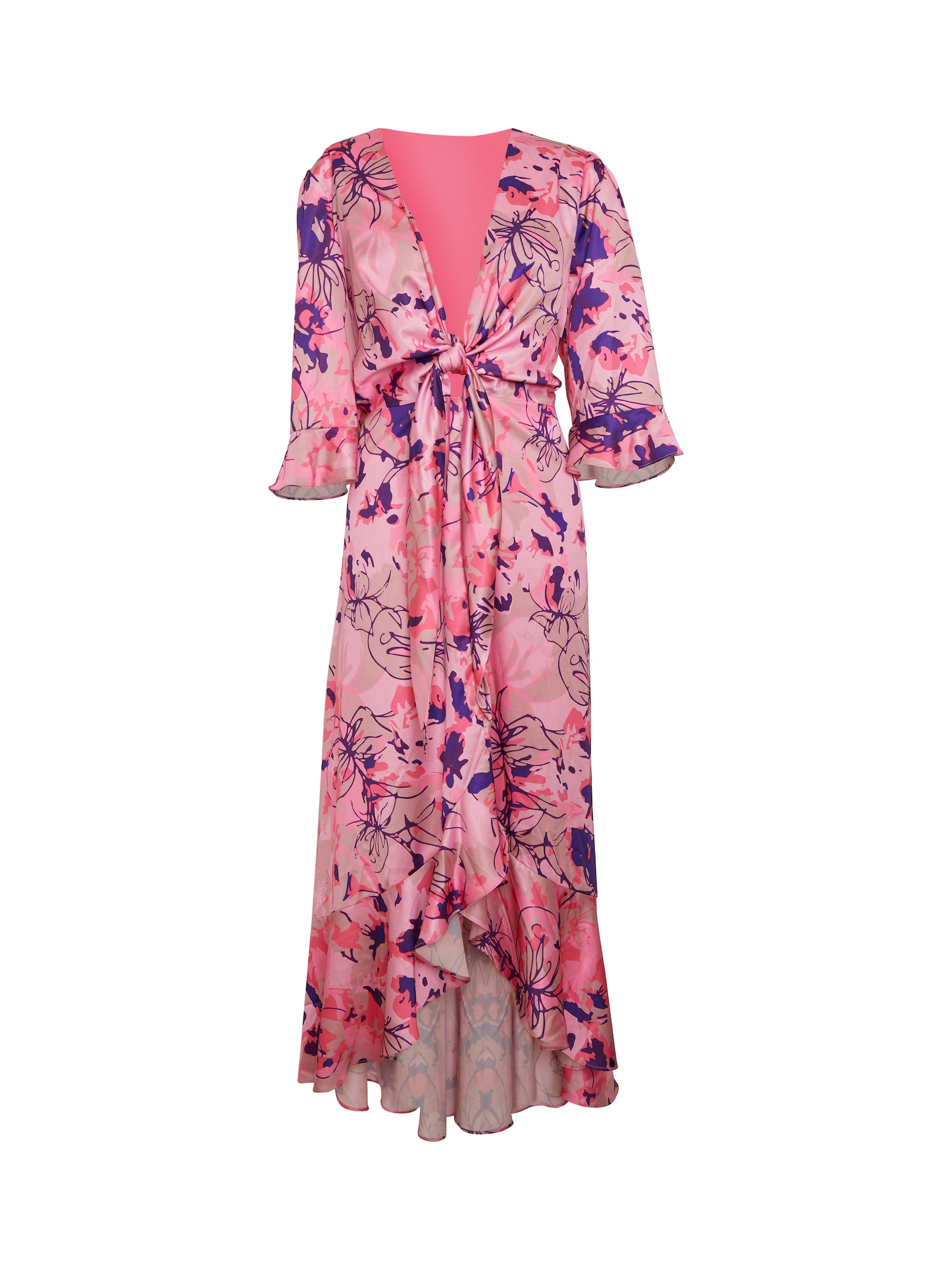 Chi Chi Tie Front Abstract Floral Print Dip Hem Dress in Pink, Size 16
