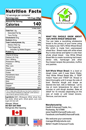 Health Enhanced Foods Sweet White Wheat Bread Mix - 2 Pack (16 Oz / 454g) - Ready to Use  Wholegrain  Natural  Unprocessed White Wheat Flour with Flax thumbnail