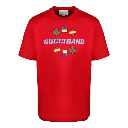 GUCCI Band Embroidered Large Logo Short Sleeve Red T-shirts 565806-XJB2X-6229 (Size: US M)
