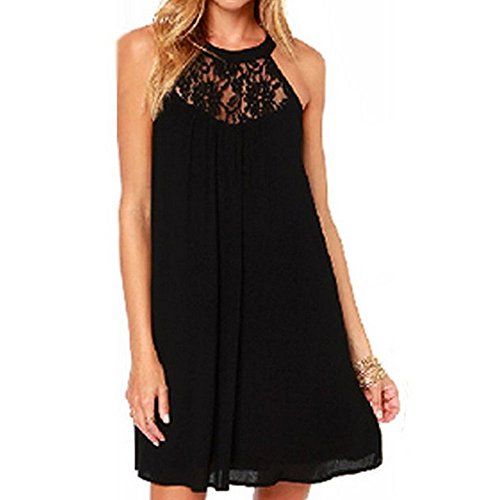 Vanberfia Women's Sleeveless Lace Patchwork Loose Casual Mini Chiffon Dress (L, 6331)