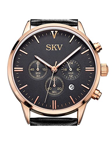 Sisistore Men Quartz Wrist Watch with Abrasion Resistant Mirror and Leather Band Rose Black