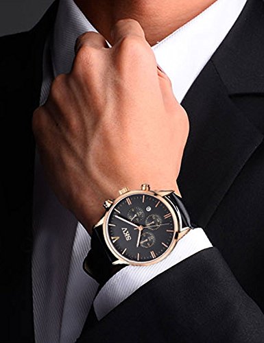 Sisistore Men Quartz Wrist Watch with Abrasion Resistant Mirror and Leather Band Rose Black thumbnail
