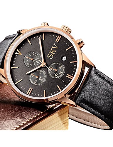 Sisistore Men Quartz Wrist Watch with Abrasion Resistant Mirror and Leather Band Rose Black thumbnail