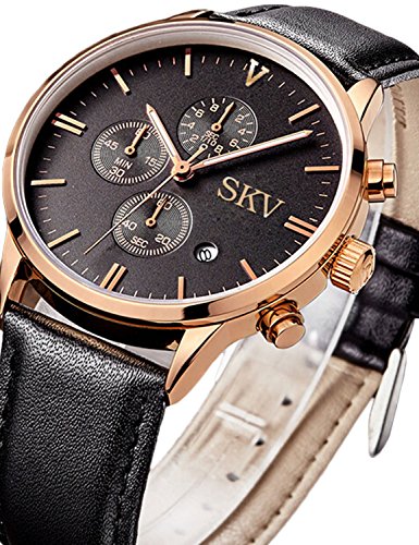 Sisistore Men Quartz Wrist Watch with Abrasion Resistant Mirror and Leather Band Rose Black thumbnail