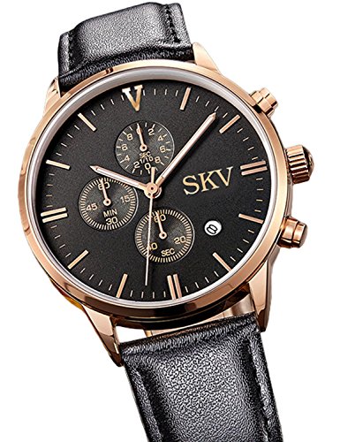 Sisistore Men Quartz Wrist Watch with Abrasion Resistant Mirror and Leather Band Rose Black thumbnail