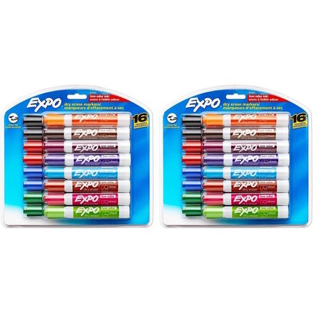 Expo 81045 Low-Odor Dry Erase Markers Chisel Tip Assorted Colors 2 Blister Packs with 16 Markers Total of 32 Markers