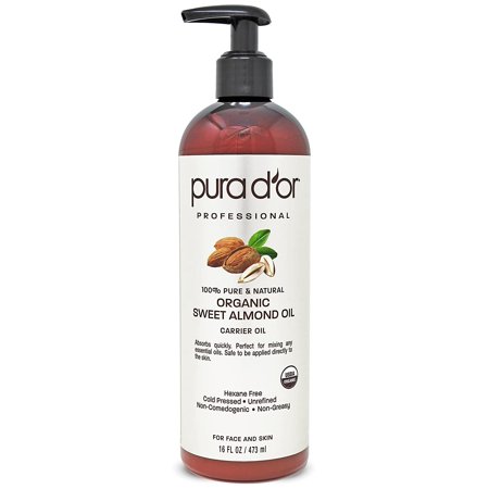 PURA D or Organic Sweet Almond Oil (16oz) USDA Certified 100% Pure & Natural Carrier Oil - Hexane Free - Skin & Face - Facial Polish  Full Body  Massa