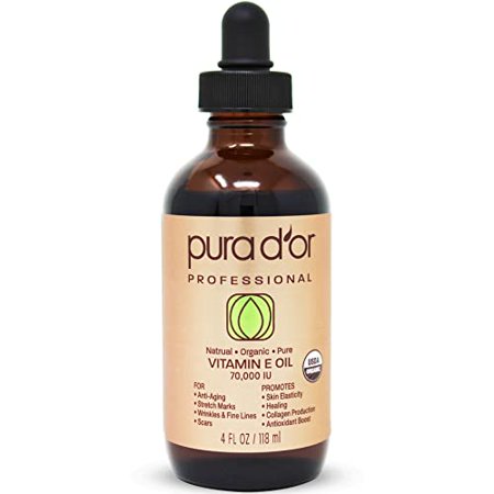 PURA D or Organic Vitamin E Oil (4oz / 118mL) 70 000 IU 100% Pure Natural USDA Organic for Skin Face Hexane Free W/Sweet Almond  Apricot  Jojoba  Arga